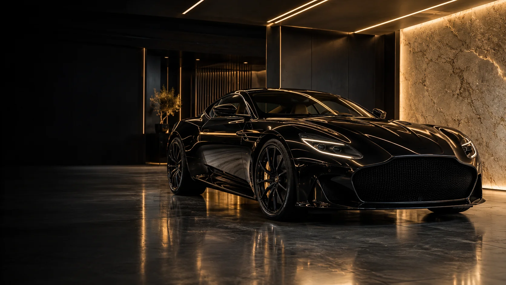 Esportivo preto sob iluminação champagne em um atelier automotivo. Imagem conceitual.