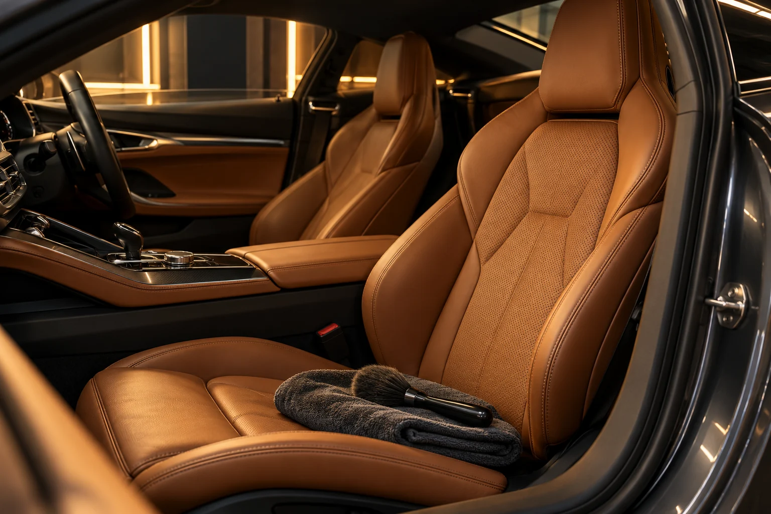 Interior em couro caramelo de um esportivo, com acessórios de detalhamento. Imagem conceitual.